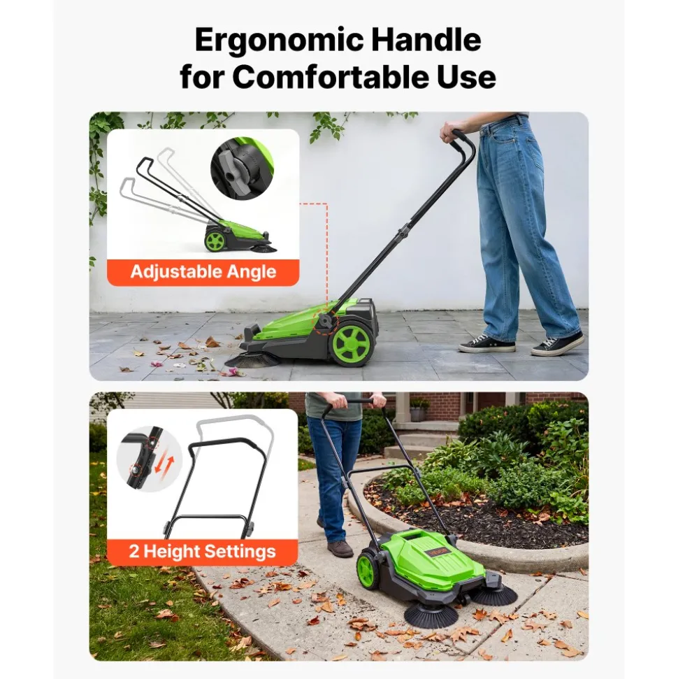 VEVOR Walk-Behind Hand Push Floor Sweeper, Manual Floor Sweeper Non-Electric with 25.6" Sweeping Width, 5 Gallons Waste Container & Adjustable Folding Handle for Yards Walkways Patios Garages - Green