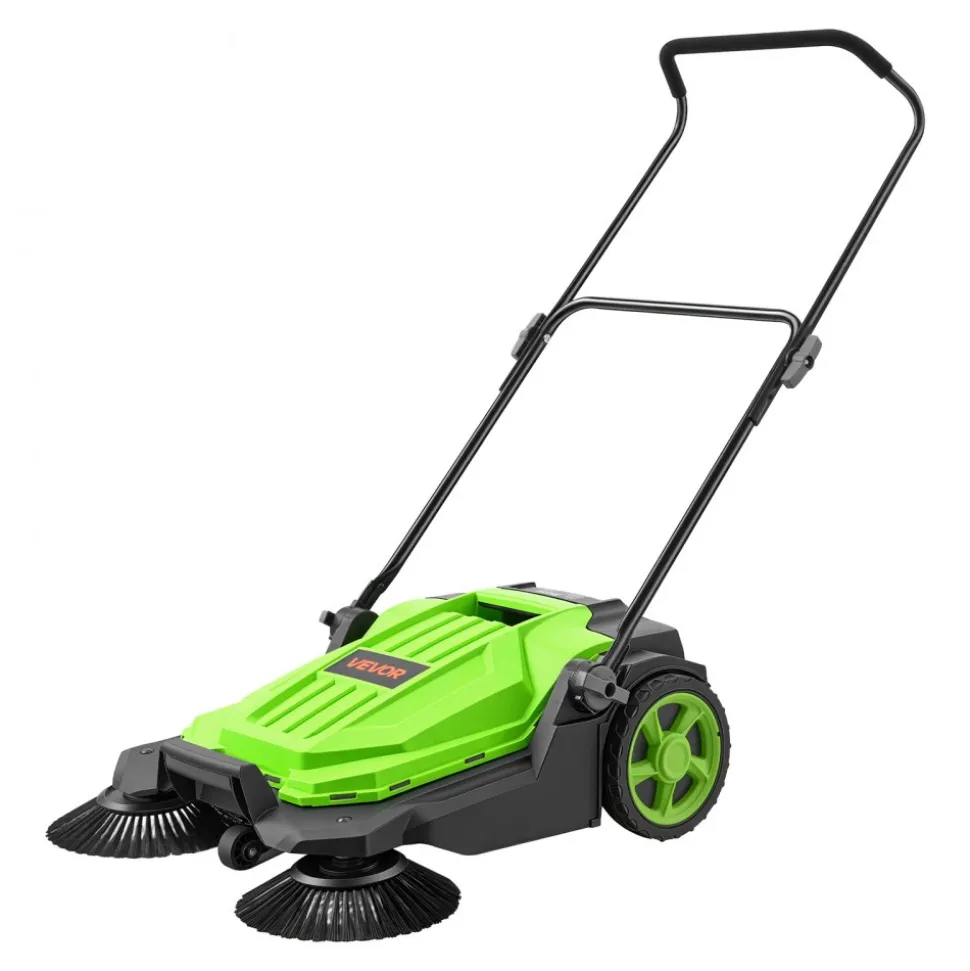 VEVOR Walk-Behind Hand Push Floor Sweeper, Manual Floor Sweeper Non-Electric with 25.6" Sweeping Width, 5 Gallons Waste Container & Adjustable Folding Handle for Yards Walkways Patios Garages - Green