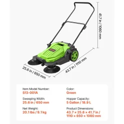 VEVOR Walk-Behind Hand Push Floor Sweeper, Manual Floor Sweeper Non-Electric with 25.6