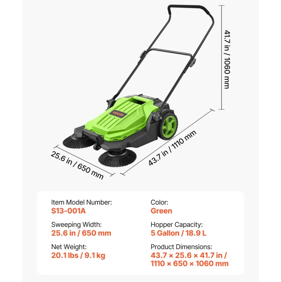 VEVOR Walk-Behind Hand Push Floor Sweeper, Manual Floor Sweeper Non-Electric with 25.6" Sweeping Width, 5 Gallons Waste Container & Adjustable Folding Handle for Yards Walkways Patios Garages - Green