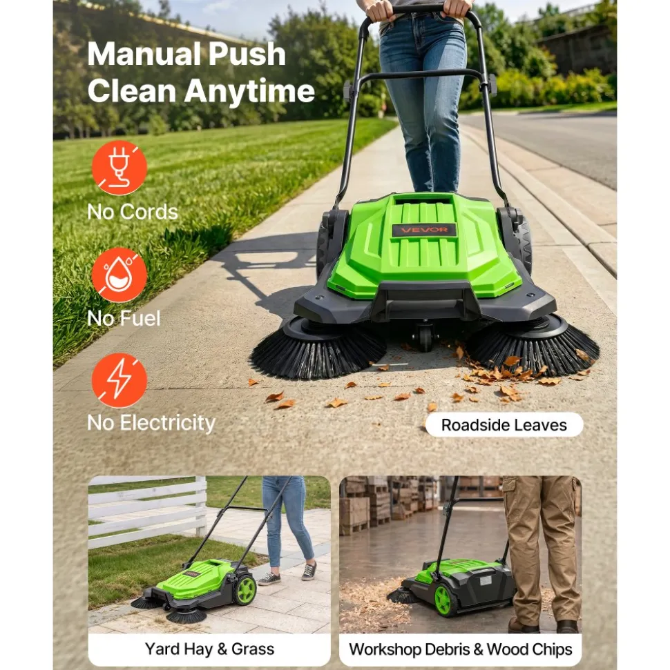 VEVOR Walk-Behind Hand Push Floor Sweeper, Manual Floor Sweeper Non-Electric with 25.6" Sweeping Width, 5 Gallons Waste Container & Adjustable Folding Handle for Yards Walkways Patios Garages - Green