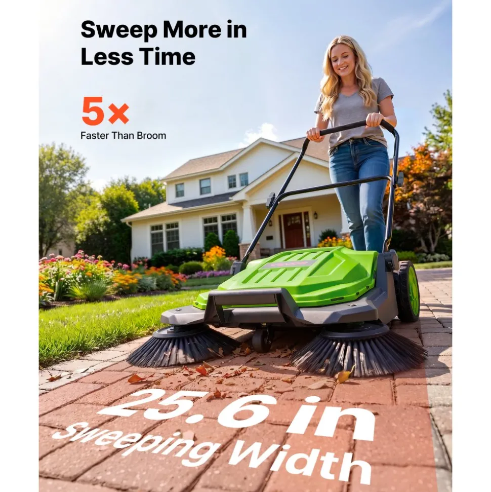 VEVOR Walk-Behind Hand Push Floor Sweeper, Manual Floor Sweeper Non-Electric with 25.6" Sweeping Width, 5 Gallons Waste Container & Adjustable Folding Handle for Yards Walkways Patios Garages - Green