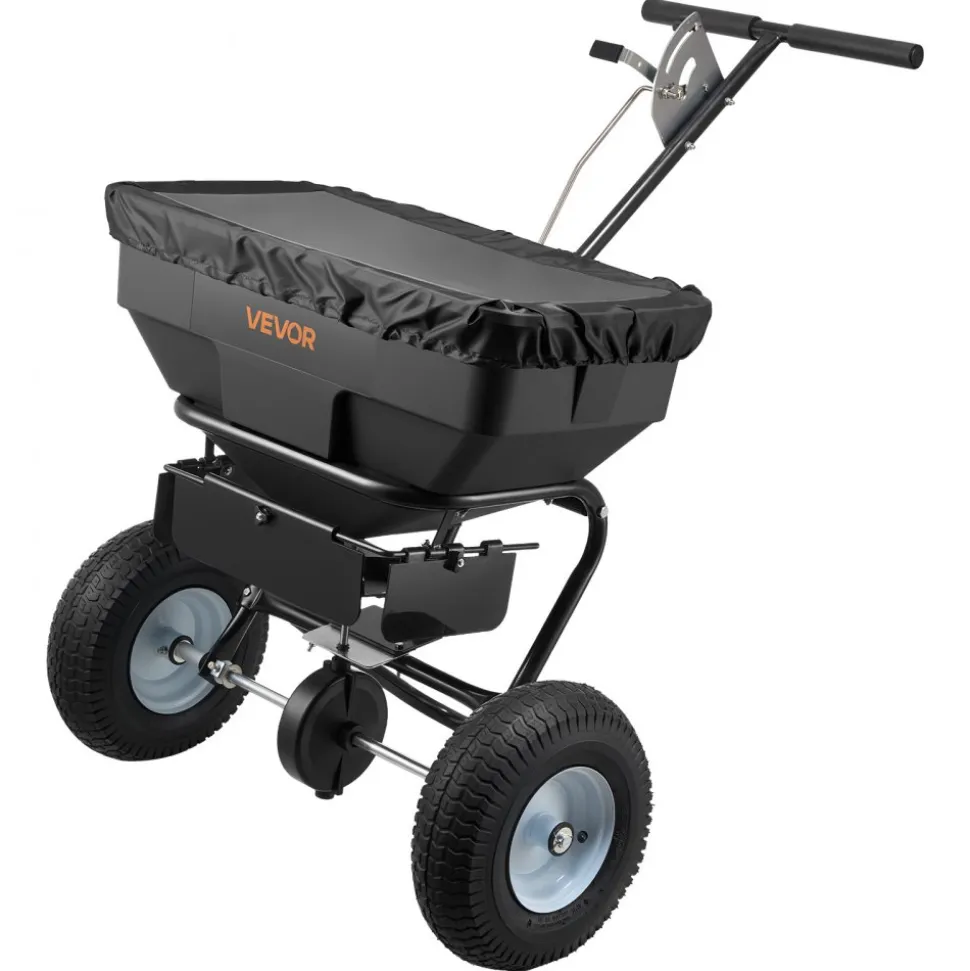 VEVOR Walk-Behind Spreader, 12ft Spreading Width, Push Broadcast Spreader with 13" All-Terrain Tires, Adjustable Flow Control, 130lbs Capacity Hopper, Lawn Spreaders for Fertilizer Seed Ice Melt