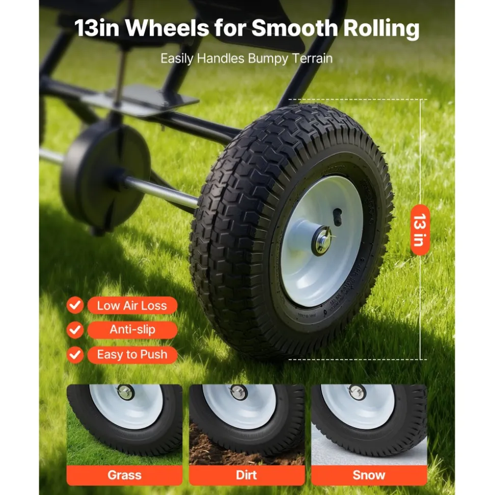 VEVOR Walk-Behind Spreader, 12ft Spreading Width, Push Broadcast Spreader with 13" All-Terrain Tires, Adjustable Flow Control, 130lbs Capacity Hopper, Lawn Spreaders for Fertilizer Seed Ice Melt