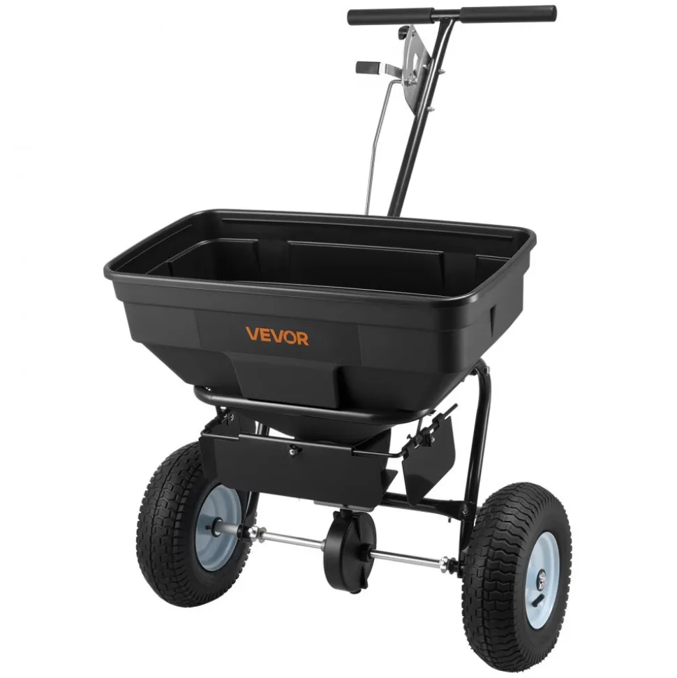 VEVOR Walk-Behind Spreader, 12ft Spreading Width, Push Broadcast Spreader with 13" All-Terrain Tires, Adjustable Flow Control, 130lbs Capacity Hopper, Lawn Spreaders for Fertilizer Seed Ice Melt