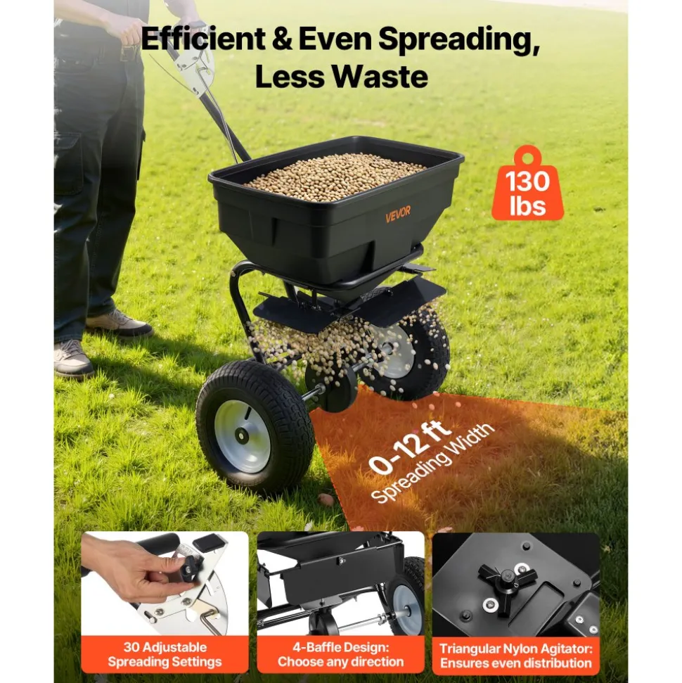 VEVOR Walk-Behind Spreader, 12ft Spreading Width, Push Broadcast Spreader with 13" All-Terrain Tires, Adjustable Flow Control, 130lbs Capacity Hopper, Lawn Spreaders for Fertilizer Seed Ice Melt
