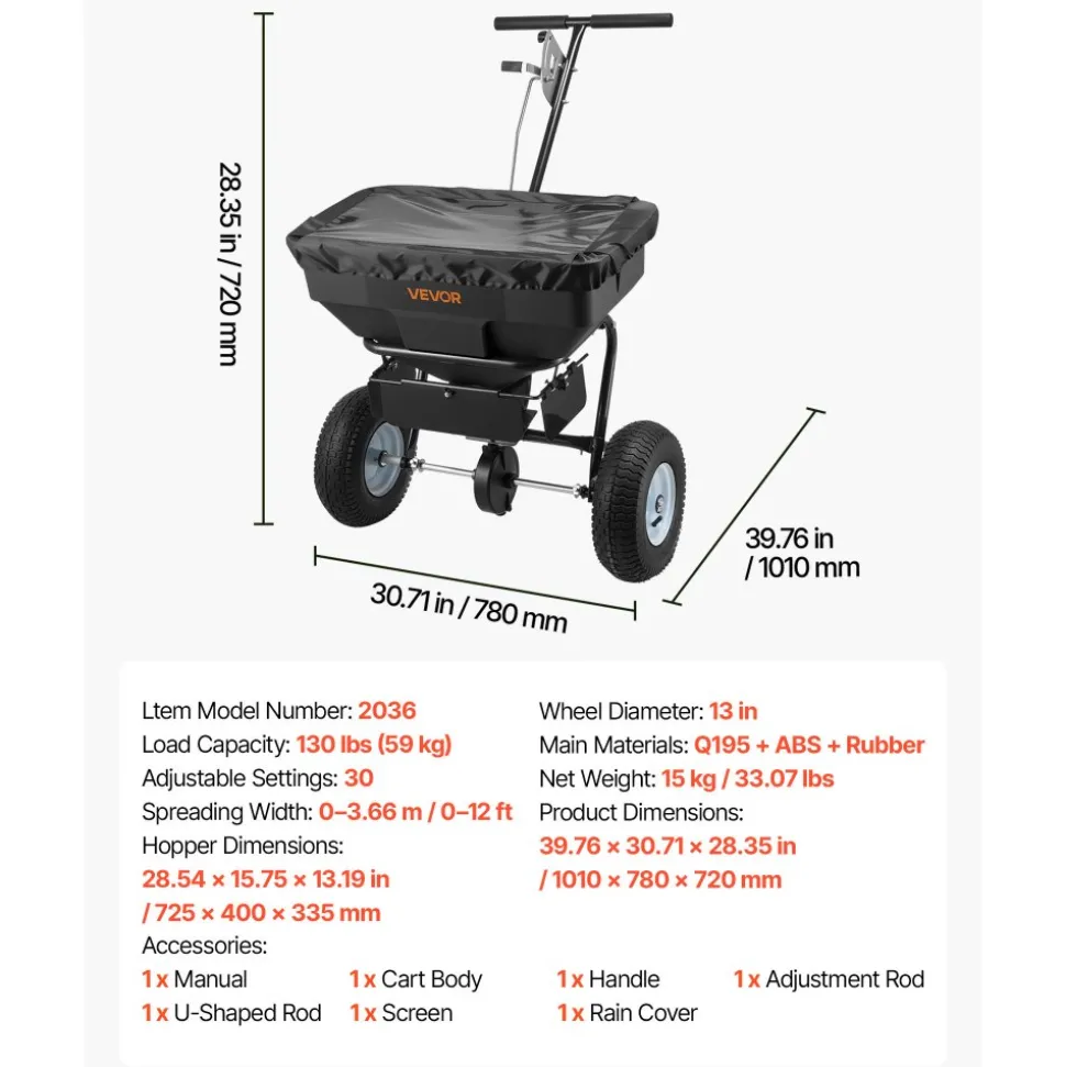 VEVOR Walk-Behind Spreader, 12ft Spreading Width, Push Broadcast Spreader with 13" All-Terrain Tires, Adjustable Flow Control, 130lbs Capacity Hopper, Lawn Spreaders for Fertilizer Seed Ice Melt