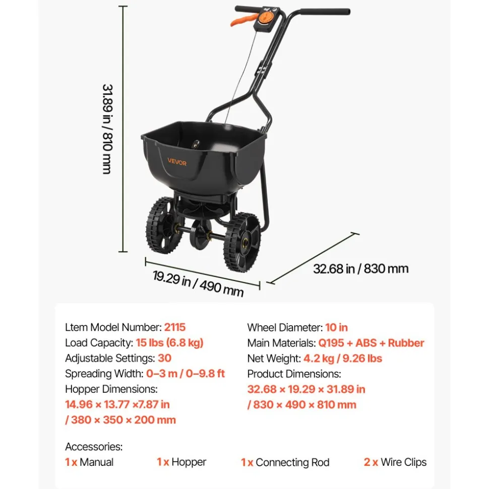 VEVOR Walk-Behind Spreader, 9.8ft Spreading Width, Push Broadcast Spreader with 10" All-Terrain Tires, Adjustable Flow Control, 15lbs Capacity Hopper, Lawn Spreaders for Fertilizer Seed Small Home Use