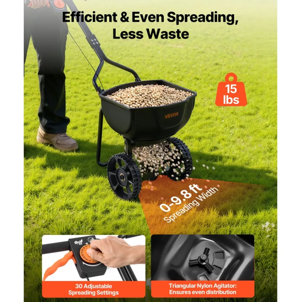 VEVOR Walk-Behind Spreader, 9.8ft Spreading Width, Push Broadcast Spreader with 10" All-Terrain Tires, Adjustable Flow Control, 15lbs Capacity Hopper, Lawn Spreaders for Fertilizer Seed Small Home Use