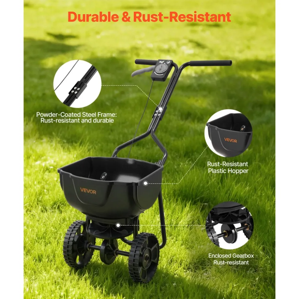 VEVOR Walk-Behind Spreader, 9.8ft Spreading Width, Push Broadcast Spreader with 10" All-Terrain Tires, Adjustable Flow Control, 15lbs Capacity Hopper, Lawn Spreaders for Fertilizer Seed Small Home Use