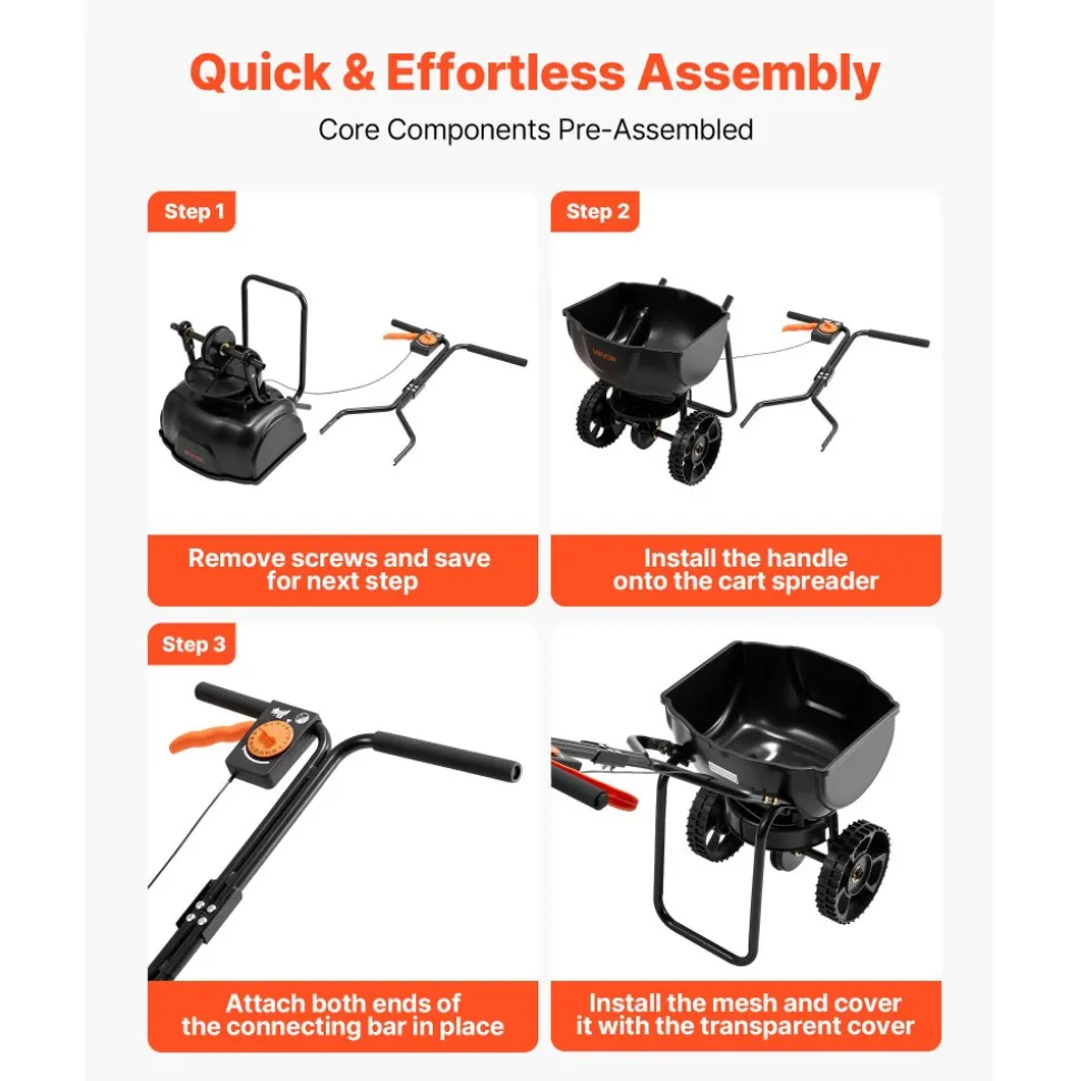 VEVOR Walk-Behind Spreader, 9.8ft Spreading Width, Push Broadcast Spreader with 10" All-Terrain Tires, Adjustable Flow Control, 15lbs Capacity Hopper, Lawn Spreaders for Fertilizer Seed Small Home Use