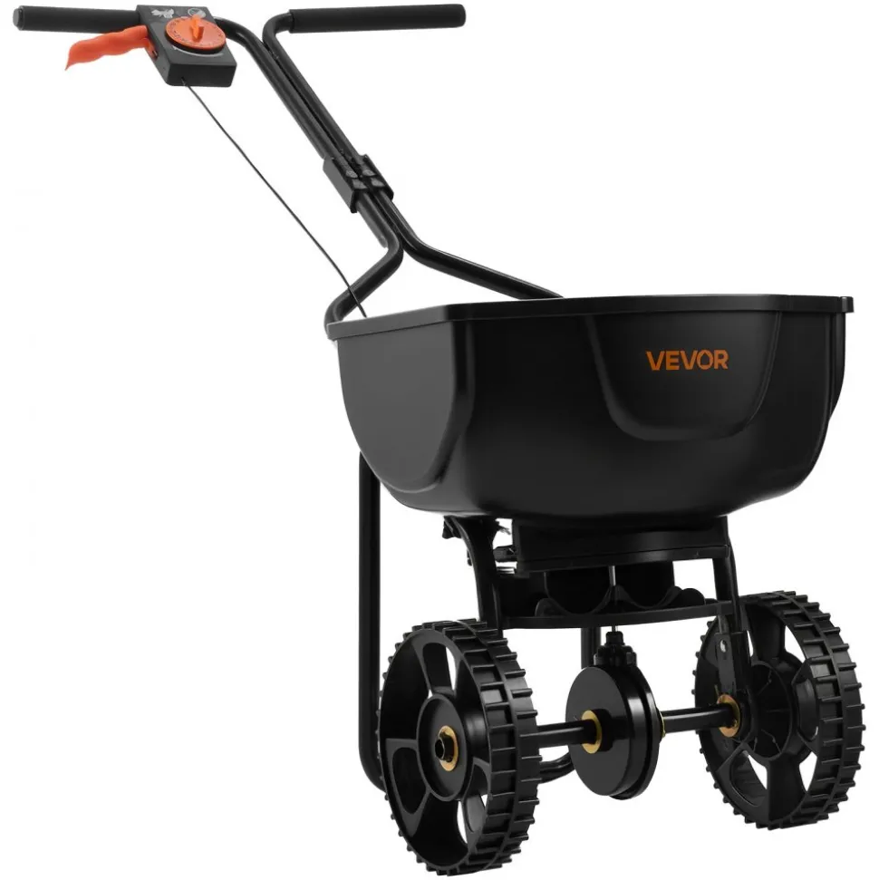 VEVOR Walk-Behind Spreader, 9.8ft Spreading Width, Push Broadcast Spreader with 10" All-Terrain Tires, Adjustable Flow Control, 15lbs Capacity Hopper, Lawn Spreaders for Fertilizer Seed Small Home Use