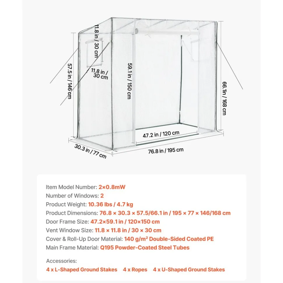 VEVOR Walk-in Greenhouse, 76.8" x 30.3" x 66.1" Greenhouse for Outdoors with Windows, PE Cover, Roll-Up Zipper Door, Walk in Green House Kit, Portable Plant Garden Hot House for Backyard, Outside