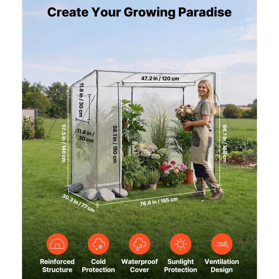 VEVOR Walk-in Greenhouse, 76.8" x 30.3" x 66.1" Greenhouse for Outdoors with Windows, PE Cover, Roll-Up Zipper Door, Walk in Green House Kit, Portable Plant Garden Hot House for Backyard, Outside