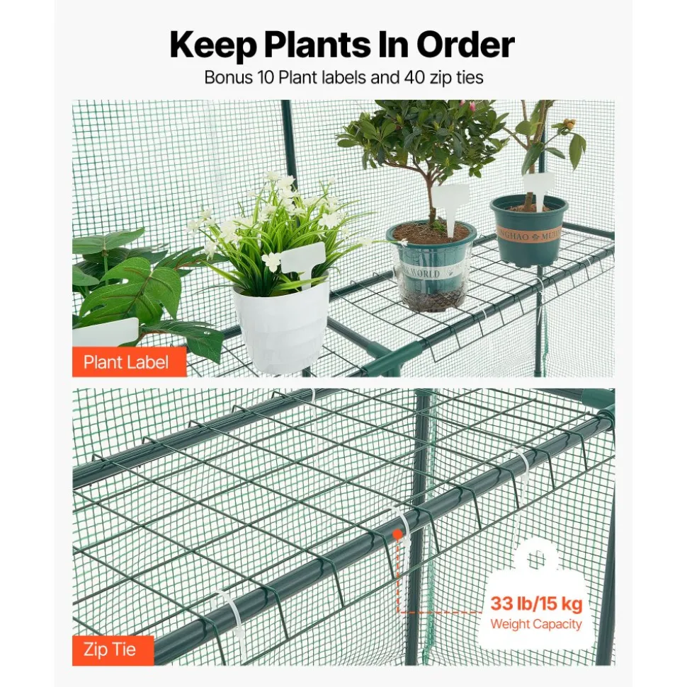 VEVOR Walk-in Greenhouse, 55.5" x 56.1" x 78.7" Greenhouse for Outdoors with PE Cover, 2 Tiers 8 Shelves, Roll-Up Zipper Door, Walk in Green House, Portable Plant Garden Hot House for Backyard Outside