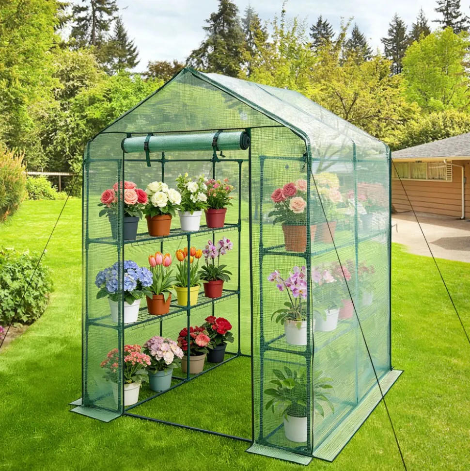 VEVOR Walk-in Greenhouse, 55.5" x 56.1" x 78.7" Greenhouse for Outdoors with PE Cover, 2 Tiers 8 Shelves, Roll-Up Zipper Door, Walk in Green House, Portable Plant Garden Hot House for Backyard Outside