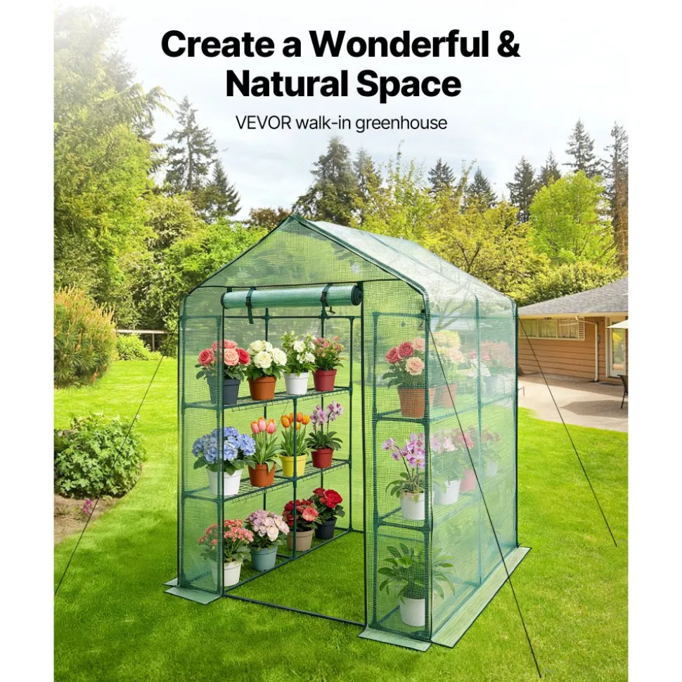 VEVOR Walk-in Greenhouse, 55.5" x 56.1" x 78.7" Greenhouse for Outdoors with PE Cover, 2 Tiers 8 Shelves, Roll-Up Zipper Door, Walk in Green House, Portable Plant Garden Hot House for Backyard Outside