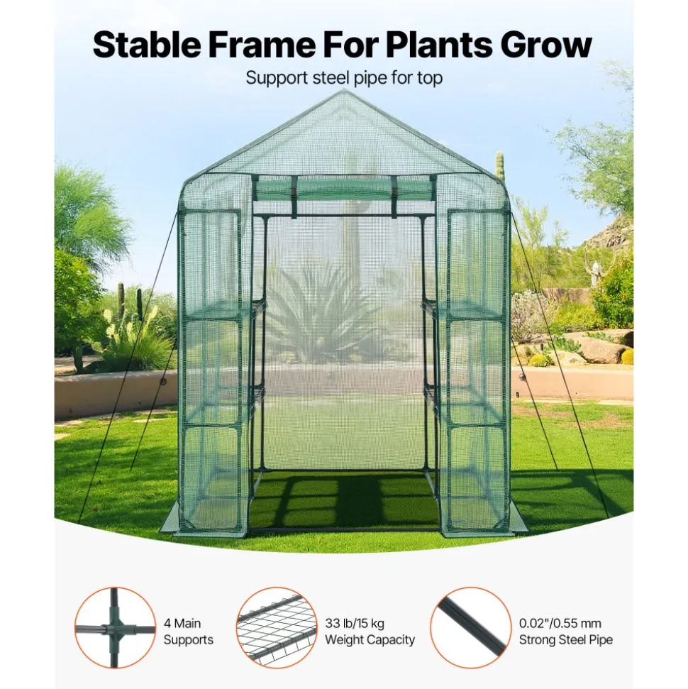 VEVOR Walk-in Greenhouse, 55.5" x 56.1" x 78.7" Greenhouse for Outdoors with PE Cover, 2 Tiers 8 Shelves, Roll-Up Zipper Door, Walk in Green House, Portable Plant Garden Hot House for Backyard Outside