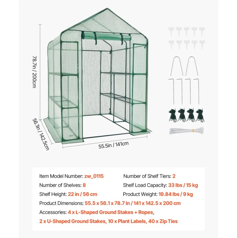 VEVOR Walk-in Greenhouse, 55.5" x 56.1" x 78.7" Greenhouse for Outdoors with PE Cover, 2 Tiers 8 Shelves, Roll-Up Zipper Door, Walk in Green House, Portable Plant Garden Hot House for Backyard Outside