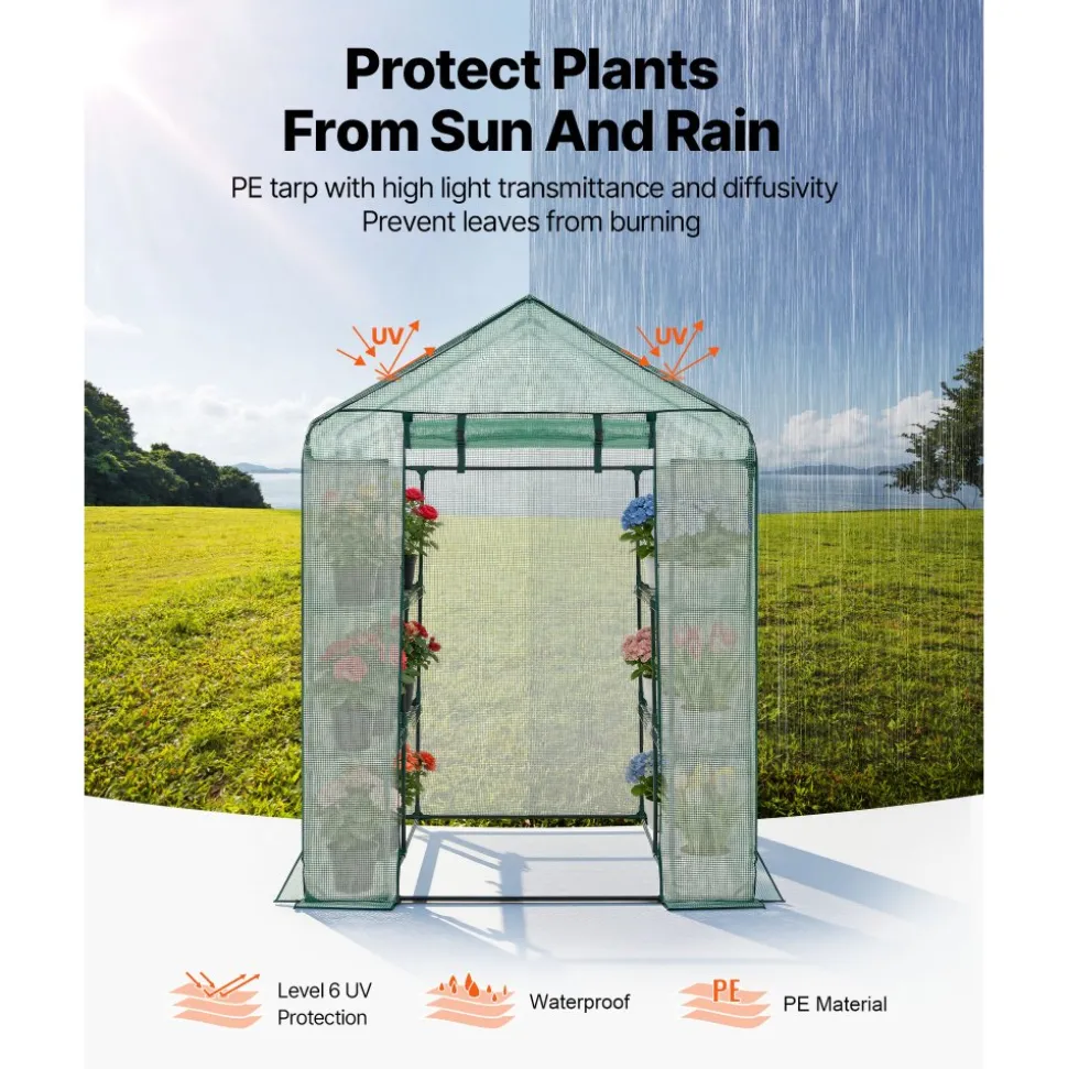 VEVOR Walk-in Greenhouse, 55.5" x 56.1" x 78.7" Greenhouse for Outdoors with PE Cover, 2 Tiers 8 Shelves, Roll-Up Zipper Door, Walk in Green House, Portable Plant Garden Hot House for Backyard Outside