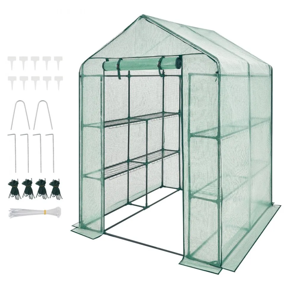 VEVOR Walk-in Greenhouse, 55.5" x 56.1" x 78.7" Greenhouse for Outdoors with PE Cover, 2 Tiers 8 Shelves, Roll-Up Zipper Door, Walk in Green House, Portable Plant Garden Hot House for Backyard Outside