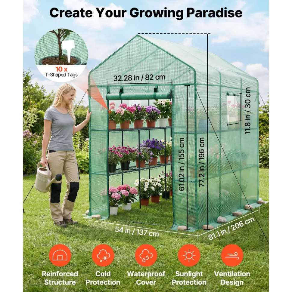 VEVOR Walk-in Green House, 54 x 81.1 x 77.2 in, Greenhouse with Shelves, High Strength PE Cover with Zipper Door and Steel Frame, Assembly in Minutes, Suitable for Planting and Storage