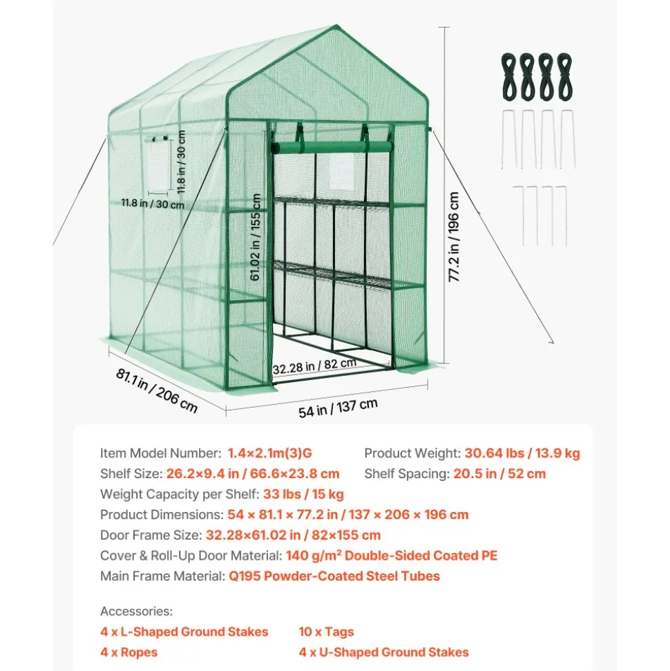VEVOR Walk-in Green House, 54 x 81.1 x 77.2 in, Greenhouse with Shelves, High Strength PE Cover with Zipper Door and Steel Frame, Assembly in Minutes, Suitable for Planting and Storage