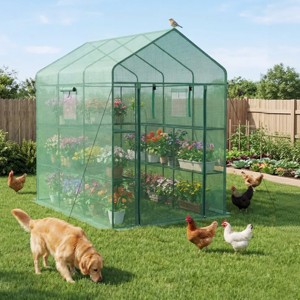 VEVOR Walk-in Green House, 54 x 81.1 x 77.2 in, Greenhouse with Shelves, High Strength PE Cover with Zipper Door and Steel Frame, Assembly in Minutes, Suitable for Planting and Storage