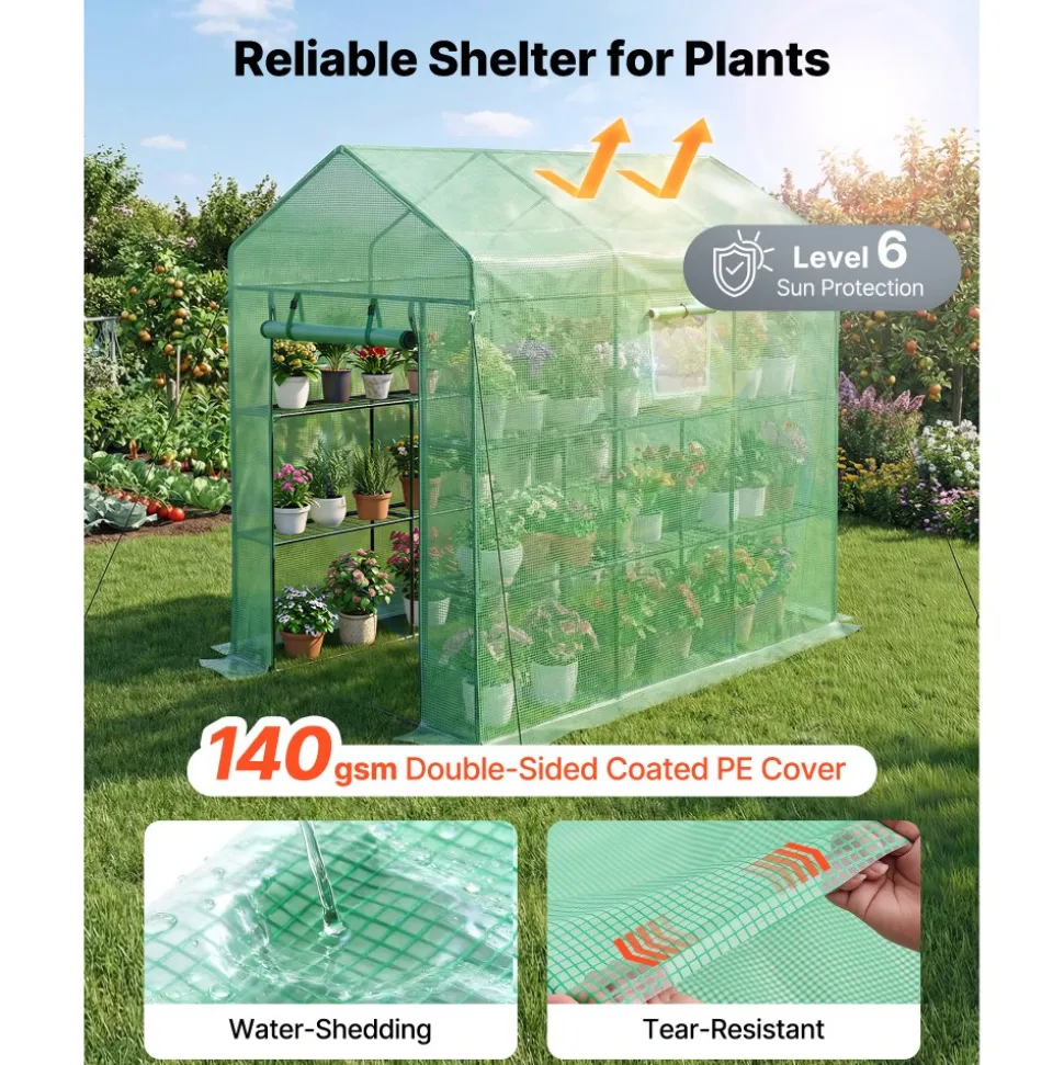 VEVOR Walk-in Green House, 54 x 81.1 x 77.2 in, Greenhouse with Shelves, High Strength PE Cover with Zipper Door and Steel Frame, Assembly in Minutes, Suitable for Planting and Storage