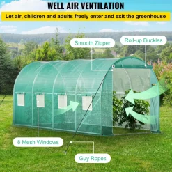 VEVOR Walk-in Tunnel Greenhouse, 15 x 7 x 7 ft Portable Plant Hot House with Galvanized Steel Hoops, 1 Top Beam, Diagonal Poles, Zippered Door & 8 Roll-up Windows, Green