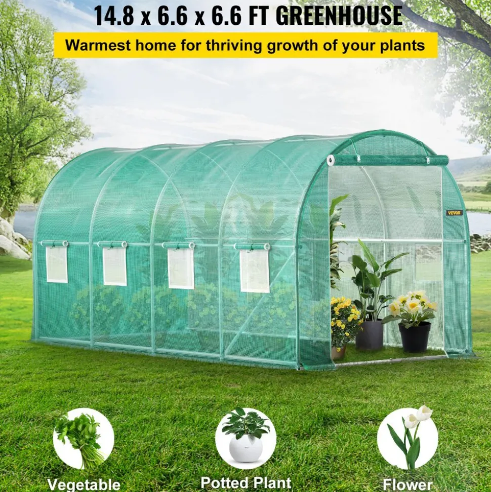 VEVOR Walk-in Tunnel Greenhouse, 15 x 7 x 7 ft Portable Plant Hot House with Galvanized Steel Hoops, 1 Top Beam, Diagonal Poles, Zippered Door & 8 Roll-up Windows, Green