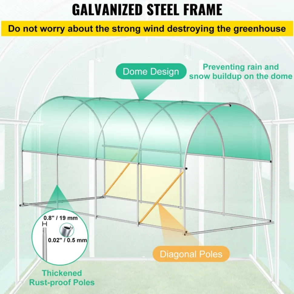 VEVOR Walk-in Tunnel Greenhouse, 15 x 7 x 7 ft Portable Plant Hot House with Galvanized Steel Hoops, 1 Top Beam, Diagonal Poles, Zippered Door & 8 Roll-up Windows, Green