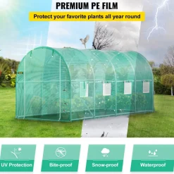 VEVOR Walk-in Tunnel Greenhouse, 15 x 7 x 7 ft Portable Plant Hot House with Galvanized Steel Hoops, 1 Top Beam, Diagonal Poles, Zippered Door & 8 Roll-up Windows, Green