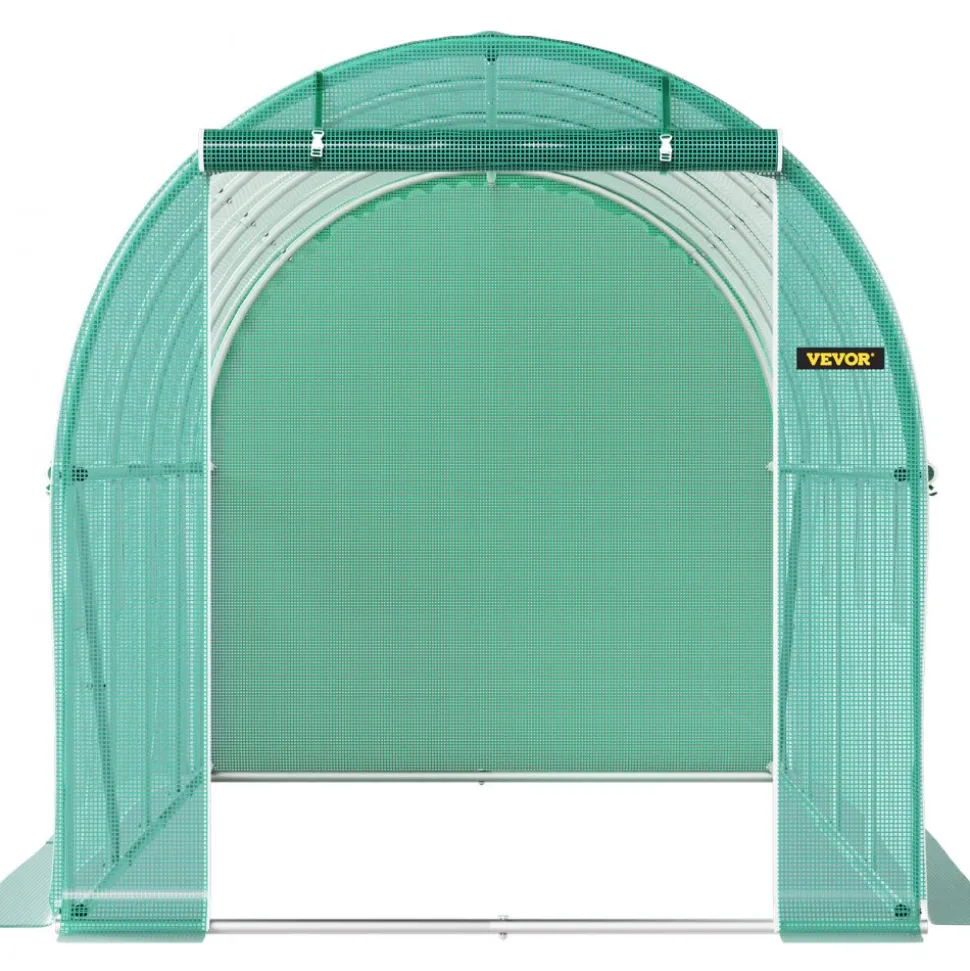 VEVOR Walk-in Tunnel Greenhouse, 15 x 7 x 7 ft Portable Plant Hot House with Galvanized Steel Hoops, 1 Top Beam, Diagonal Poles, Zippered Door & 8 Roll-up Windows, Green