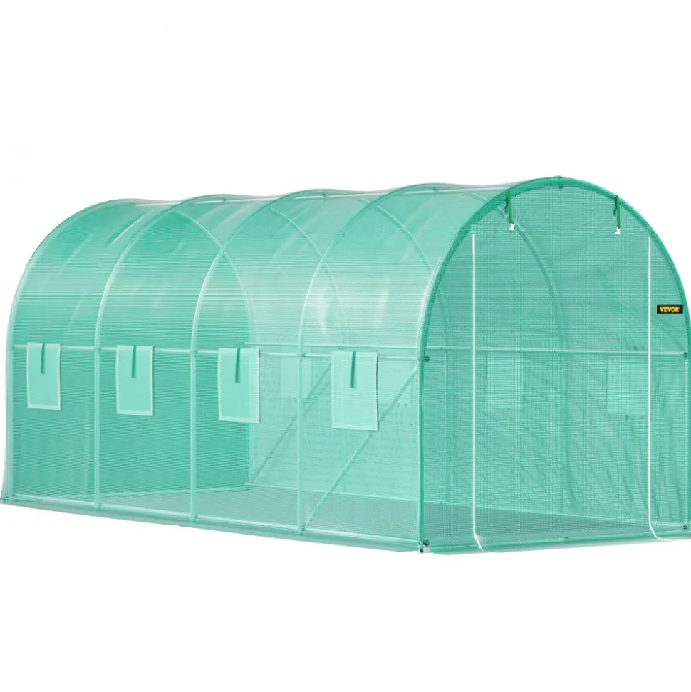 VEVOR Walk-in Tunnel Greenhouse, 15 x 7 x 7 ft Portable Plant Hot House with Galvanized Steel Hoops, 1 Top Beam, Diagonal Poles, Zippered Door & 8 Roll-up Windows, Green