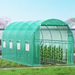 VEVOR Walk-in Tunnel Greenhouse, 15 x 7 x 7 ft Portable Plant Hot House with Galvanized Steel Hoops, 1 Top Beam, Diagonal Poles, Zippered Door & 8 Roll-up Windows, Green