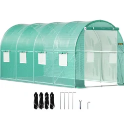 VEVOR Walk-in Tunnel Greenhouse, 15 x 7 x 7 ft Portable Plant Hot House with Galvanized Steel Hoops, 1 Top Beam, Diagonal Poles, Zippered Door & 8 Roll-up Windows, Green