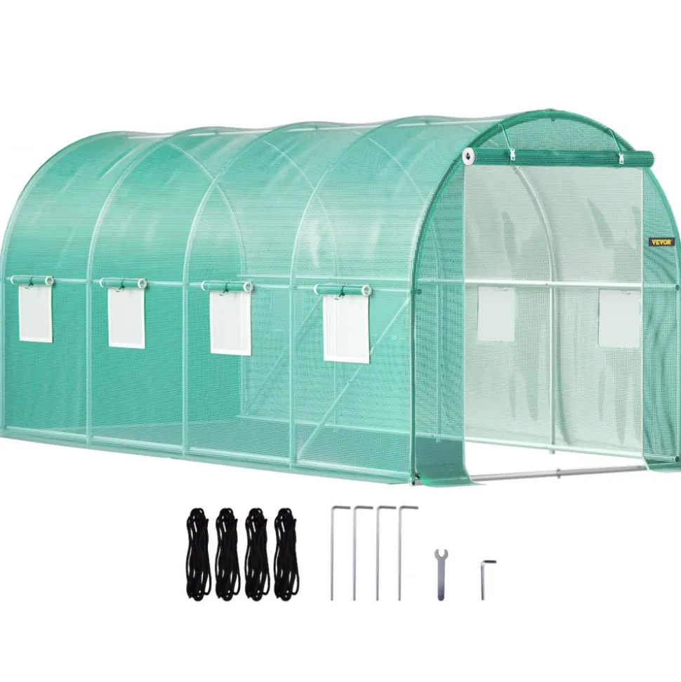 VEVOR Walk-in Tunnel Greenhouse, 15 x 7 x 7 ft Portable Plant Hot House with Galvanized Steel Hoops, 1 Top Beam, Diagonal Poles, Zippered Door & 8 Roll-up Windows, Green