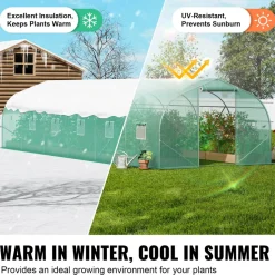 VEVOR Walk-in Tunnel Greenhouse, 29.5x9.8x6.6 ft Hoop House Greenhouse Tunnel, Peaked Roof Plant Hot House with Galvanized Steel Frame, Green PE Cover, Roll-up Zipper Door and 12 Windows for Outdoor