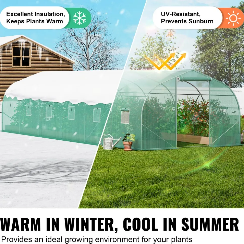 VEVOR Walk-in Tunnel Greenhouse, 29.5x9.8x6.6 ft Hoop House Greenhouse Tunnel, Peaked Roof Plant Hot House with Galvanized Steel Frame, Green PE Cover, Roll-up Zipper Door and 12 Windows for Outdoor
