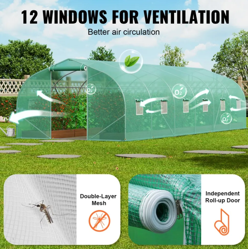 VEVOR Walk-in Tunnel Greenhouse, 29.5x9.8x6.6 ft Hoop House Greenhouse Tunnel, Peaked Roof Plant Hot House with Galvanized Steel Frame, Green PE Cover, Roll-up Zipper Door and 12 Windows for Outdoor