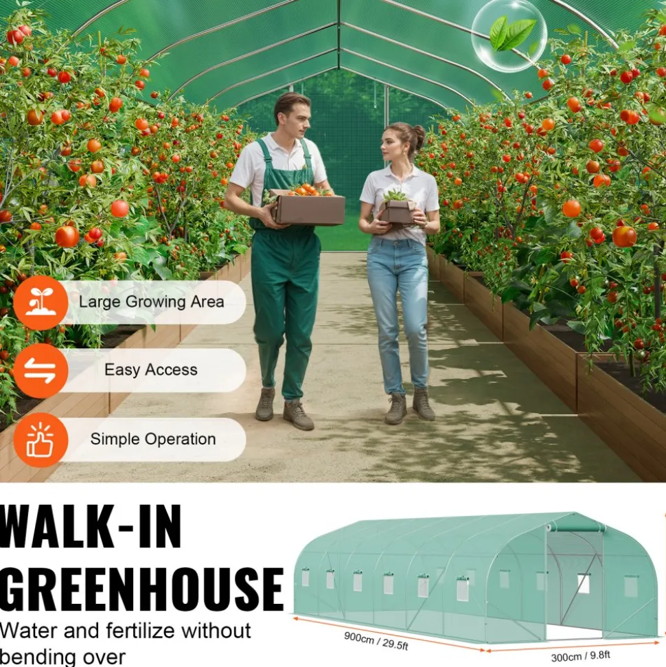 VEVOR Walk-in Tunnel Greenhouse, 29.5x9.8x6.6 ft Hoop House Greenhouse Tunnel, Peaked Roof Plant Hot House with Galvanized Steel Frame, Green PE Cover, Roll-up Zipper Door and 12 Windows for Outdoor