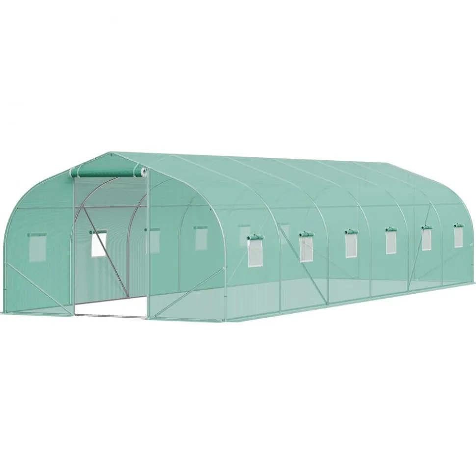 VEVOR Walk-in Tunnel Greenhouse, 29.5x9.8x6.6 ft Hoop House Greenhouse Tunnel, Peaked Roof Plant Hot House with Galvanized Steel Frame, Green PE Cover, Roll-up Zipper Door and 12 Windows for Outdoor