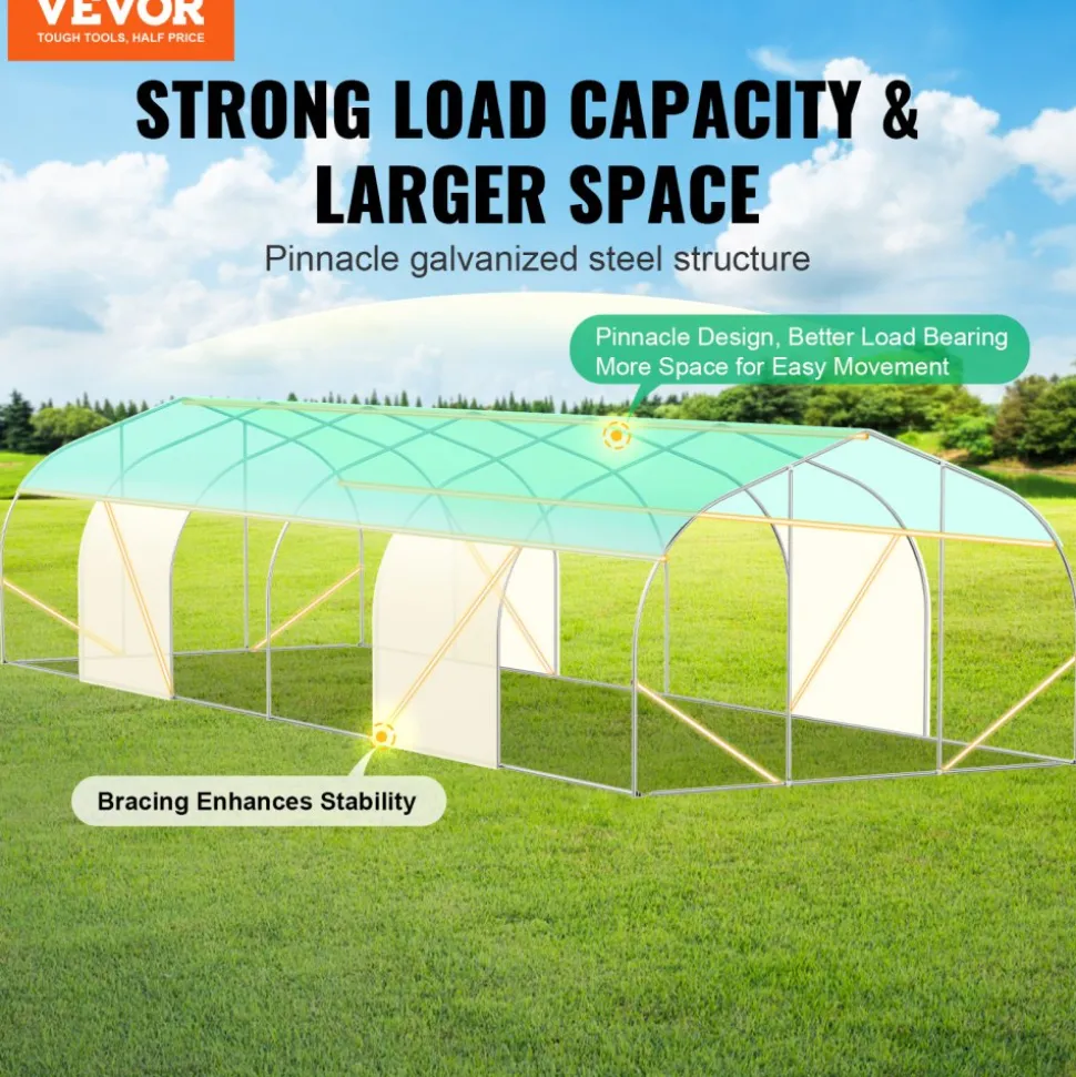 VEVOR Walk-in Tunnel Greenhouse, 29.5x9.8x6.6 ft Hoop House Greenhouse Tunnel, Peaked Roof Plant Hot House with Galvanized Steel Frame, Green PE Cover, Roll-up Zipper Door and 12 Windows for Outdoor