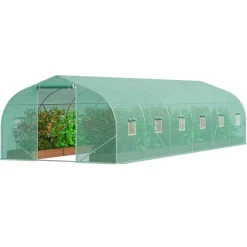 VEVOR Walk-in Tunnel Greenhouse, 29.5x9.8x6.6 ft Hoop House Greenhouse Tunnel, Peaked Roof Plant Hot House with Galvanized Steel Frame, Green PE Cover, Roll-up Zipper Door and 12 Windows for Outdoor