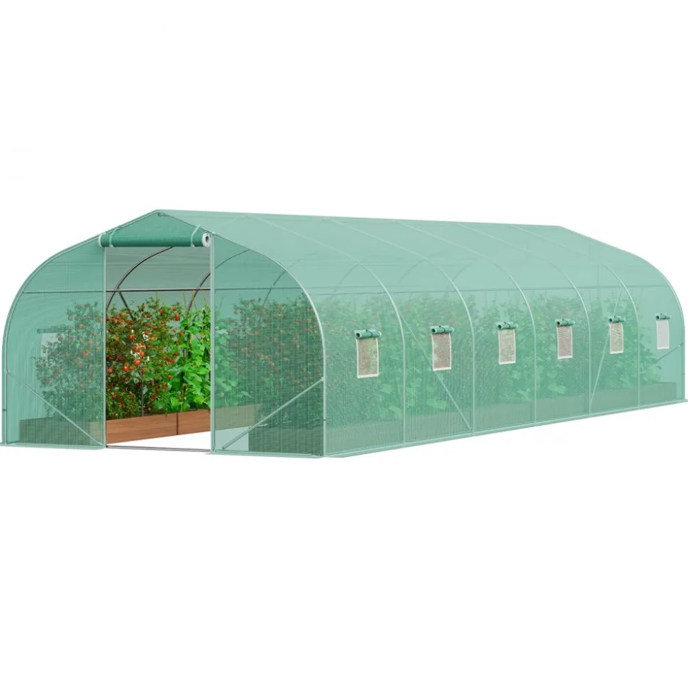 VEVOR Walk-in Tunnel Greenhouse, 29.5x9.8x6.6 ft Hoop House Greenhouse Tunnel, Peaked Roof Plant Hot House with Galvanized Steel Frame, Green PE Cover, Roll-up Zipper Door and 12 Windows for Outdoor