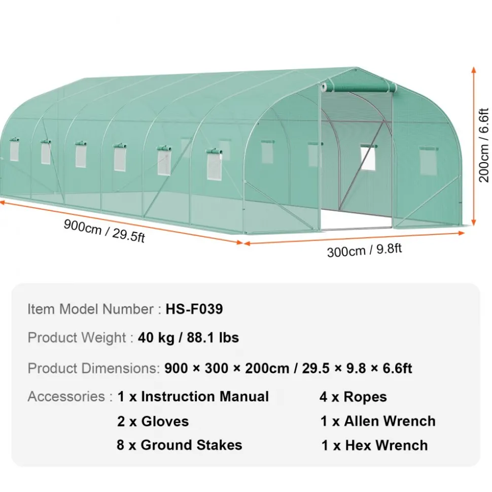 VEVOR Walk-in Tunnel Greenhouse, 29.5x9.8x6.6 ft Hoop House Greenhouse Tunnel, Peaked Roof Plant Hot House with Galvanized Steel Frame, Green PE Cover, Roll-up Zipper Door and 12 Windows for Outdoor