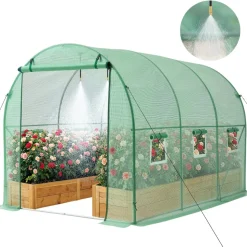 VEVOR Walk-in Tunnel Greenhouse, 10 x 7 x 7 ft Hoop House Greenhouse Tunnel, Plant Hot House with 4 Nozzles, 26.25 ft Hose, Steel Frame, PE Cover, Roll-up Zipper Door and 6 Windows for Outdoors, Green