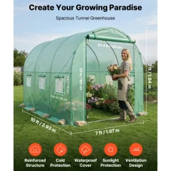 VEVOR Walk-in Tunnel Greenhouse, 10 x 7 x 7 ft Hoop House Greenhouse Tunnel, Plant Hot House with 4 Nozzles, 26.25 ft Hose, Steel Frame, PE Cover, Roll-up Zipper Door and 6 Windows for Outdoors, Green