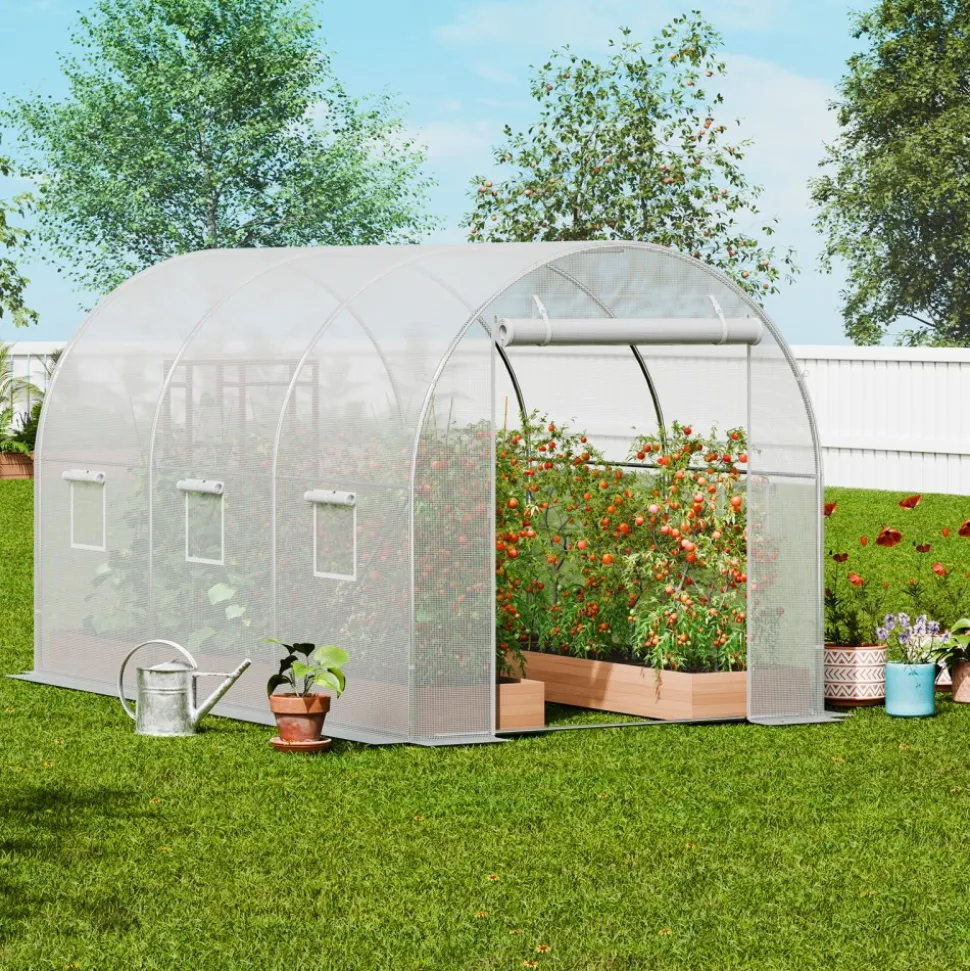 VEVOR Walk-in Tunnel Greenhouse, 9.6x6.4x6.2 ft Hoop House Greenhouse Tunnel, Plant Hot House with Galvanized Steel Frame, White PE Cover, Roll-up Zipper Door and 6 Windows for Outdoor
